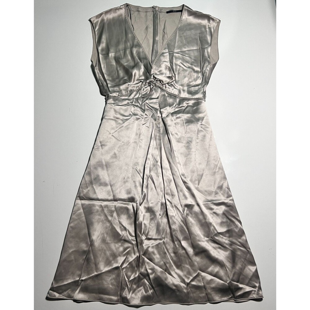 Hugo Boss Donelly 100% Silk Dress Womens 4 Taupe Gray Twist Front V-Neck Midi